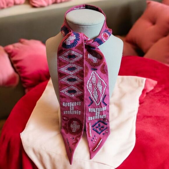 Hermes Twilly Kelly Amperle Scarf Silk All-Over Pattern Pink Blue White WBox/Bag - Picture 6 of 10
